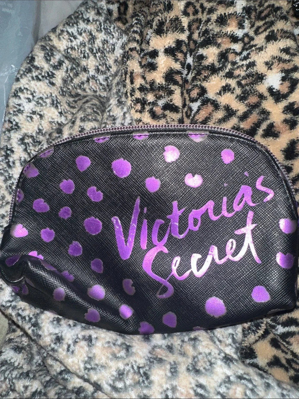 Victoria's Secret Black Cosmetic Bag with Purple Script & Dots like new